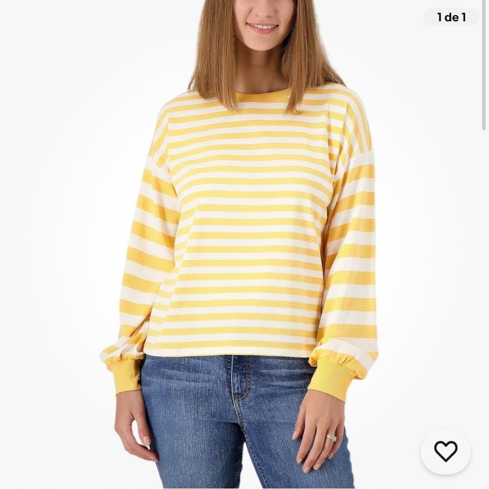 Candace Cameron Bure Yellow and White Striped Long Sleeve Top